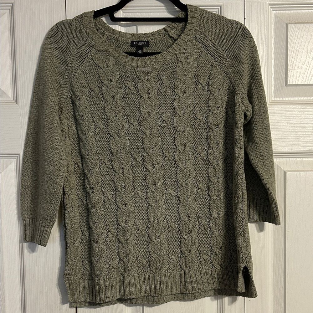 Talbots Linen Blend Cable Knit Crewneck Sweater Sage Green Fisherman Cabincore